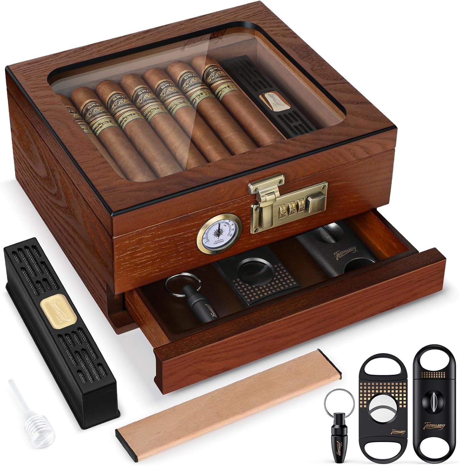 Tesonway Cedar Wood Cigar Humidor with Glass Top